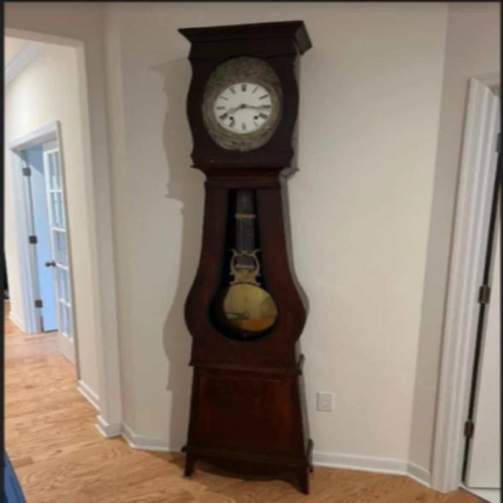 Slim antique tall case clock with brass pendulum bob