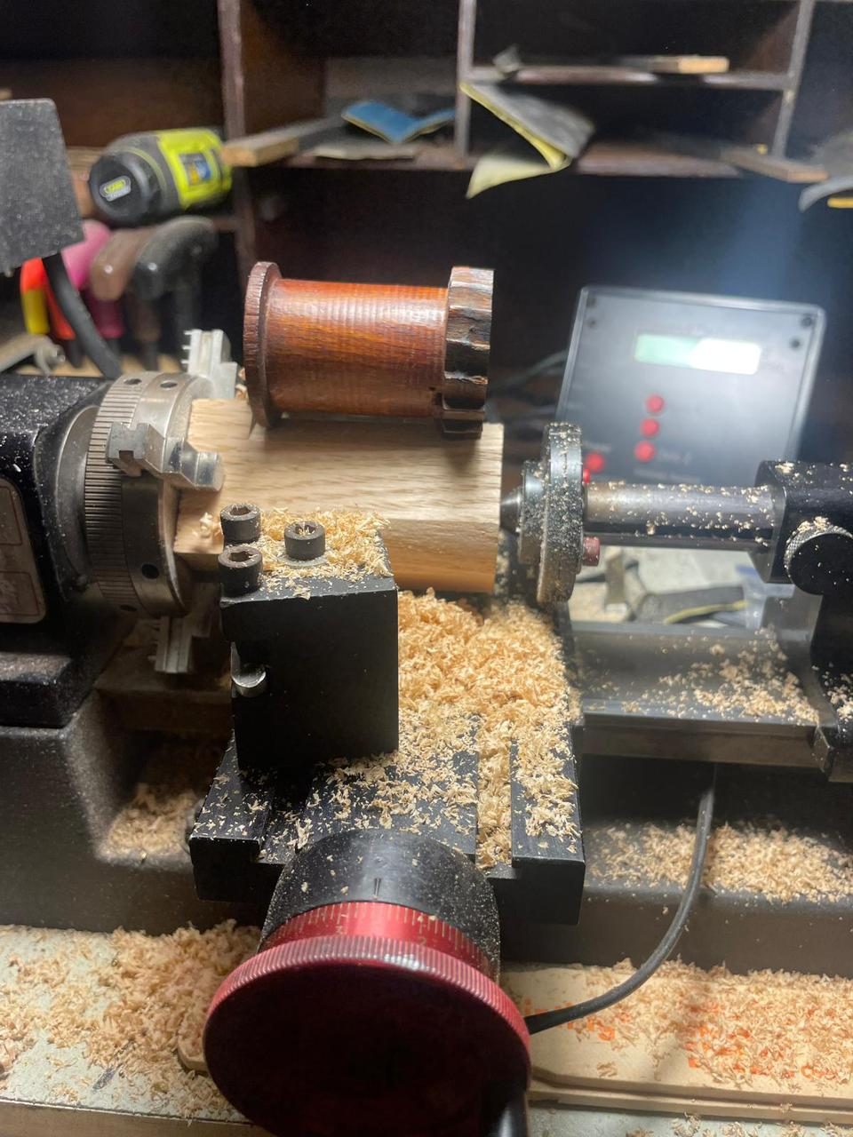 Machining a clock movement barrel on a lathe in the workshop